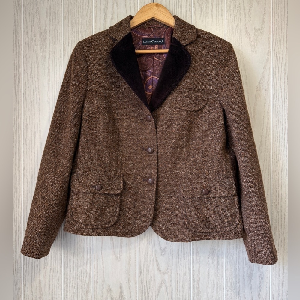 Luisa Cerano Wool Silk Blend Brown Tweed Blazer Size 12 (US)